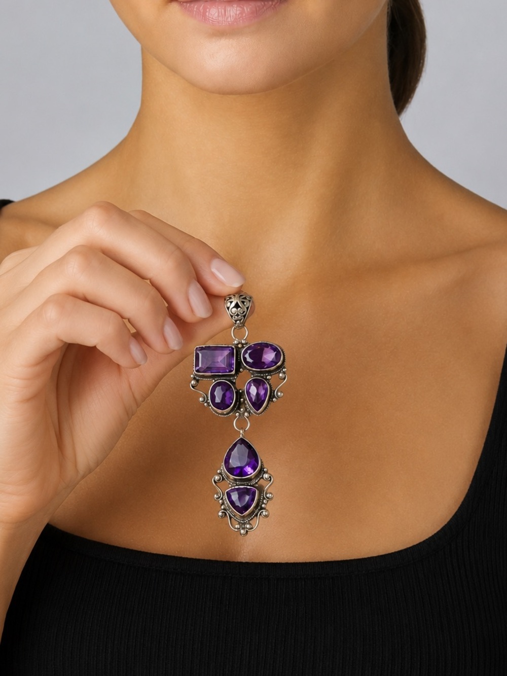 Beautiful Vintage Amethyst Style Filigree Sterling Silver Pendant